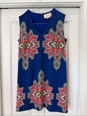 Sleeveless Royal Blue V-Neck Mini Dress with Red Paisley Motif